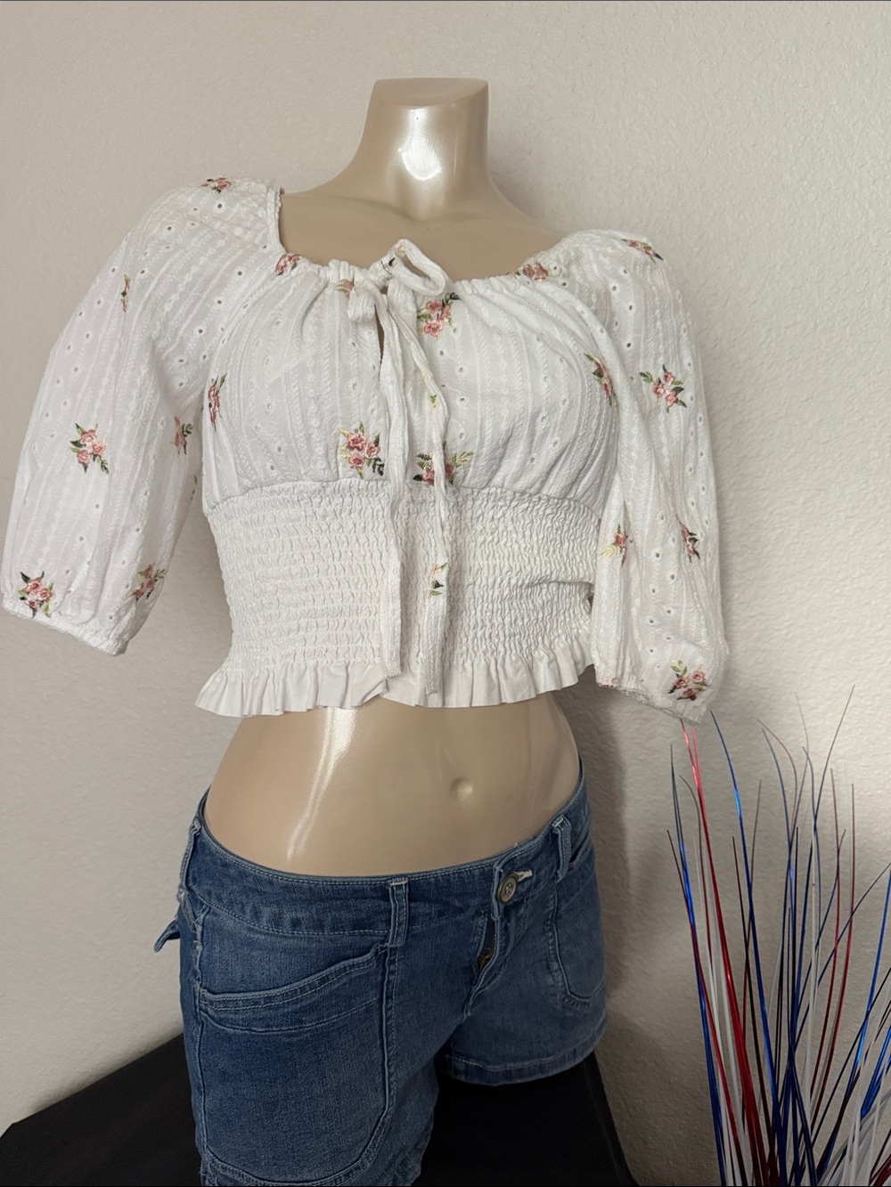 White Floral Smocked Tie-Front Crop Top